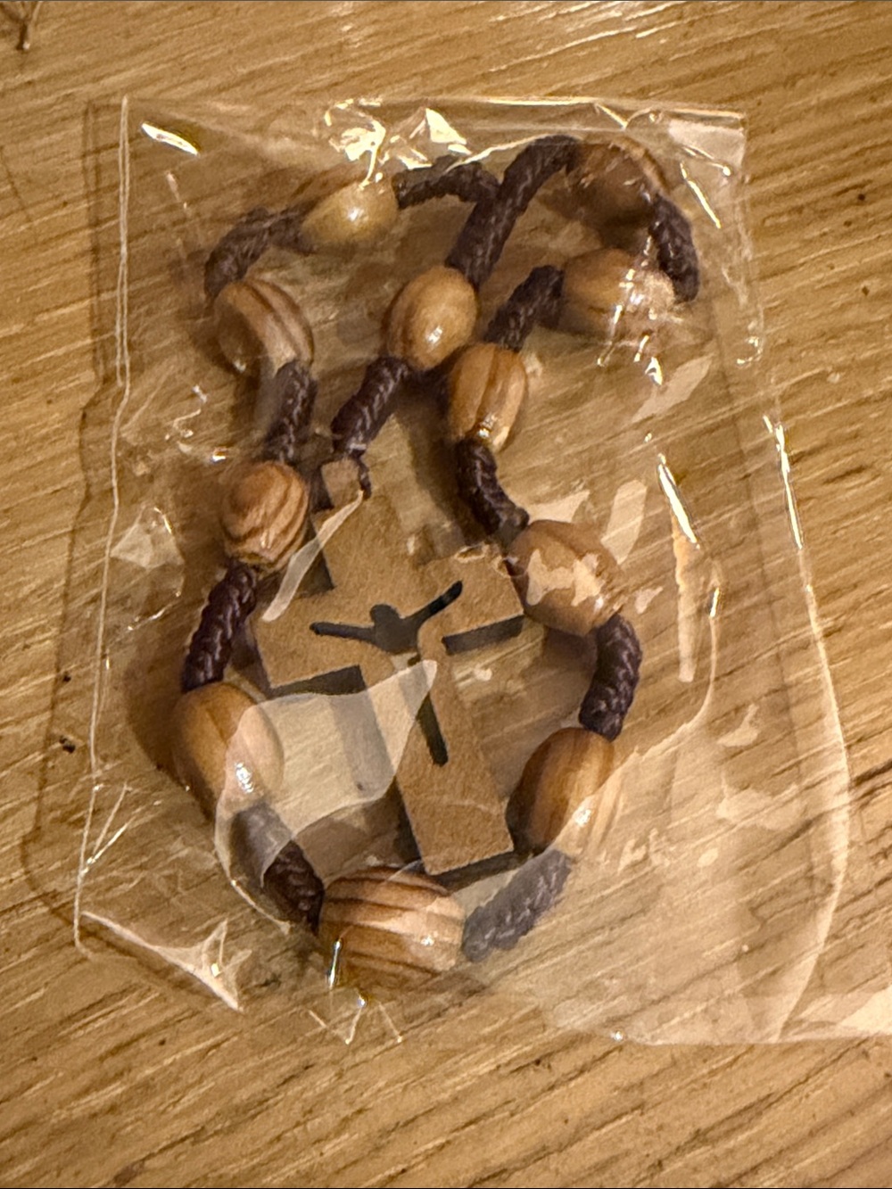 Wooden Bead Rosary Bracelet, Door Hanger with Silhouette Cross